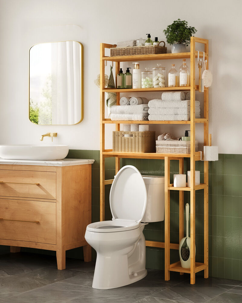 Over-the-Toilet Storage Shelf with Built-In Toilet Paper Holder and Adjustable Shelves