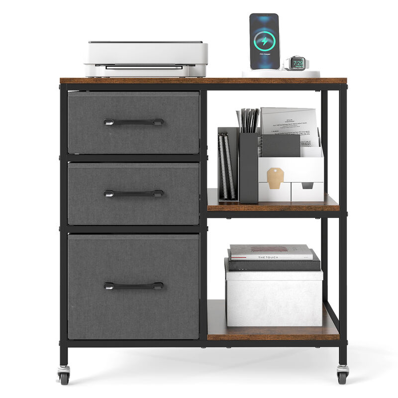 Rolling 3 Drawer File Cabinet with Charging Station and Open Storage Shelves image number 4