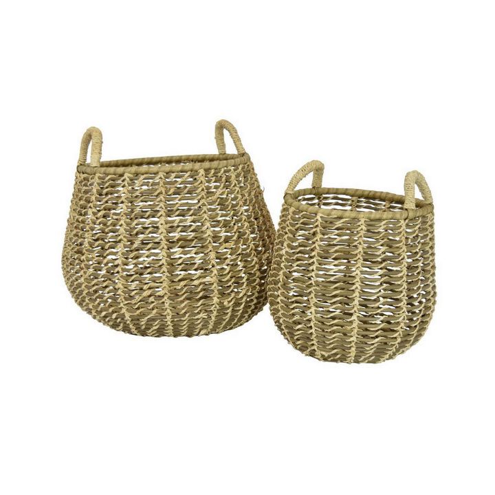Set of 2 Decorative Storage Baskets, Woven Construction, 2 Handles, Brown - Benzara