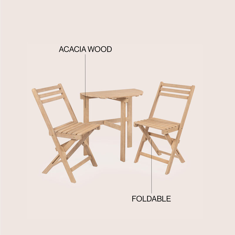 Cadiz Classic French Country 3-Piece Acacia Wood Half-Round Outdoor Folding Bistro Set, Light Teak
