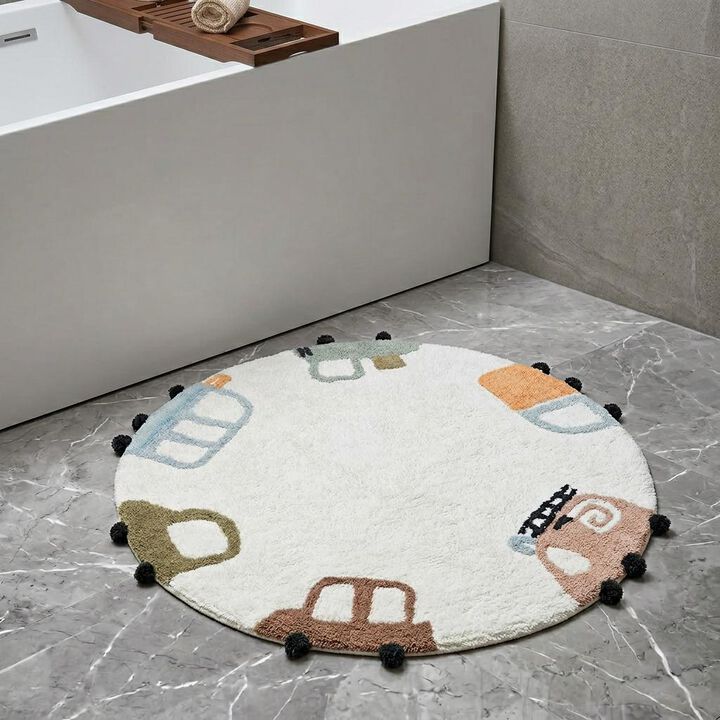 HomeRoots 32" Blue Green And White Cotton Cars Round Youthful Bath Rug