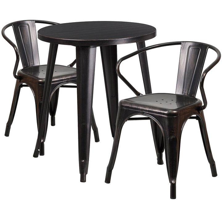 Flash Furniture Napoleon Commercial Grade 24" Round Black-Antique Gold Metal Indoor-Outdoor Table Set with 2 Arm Chairs