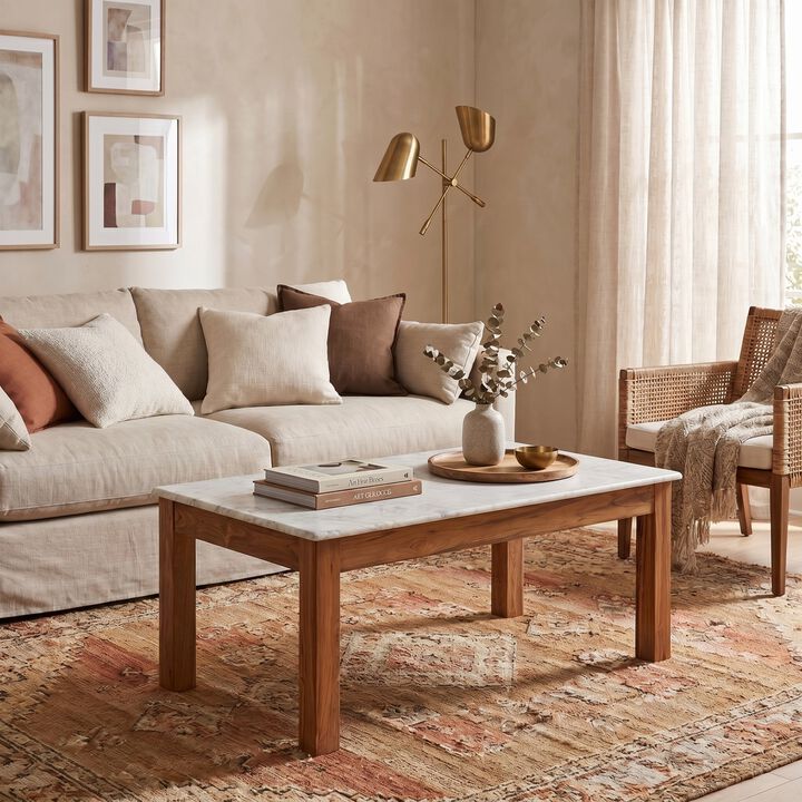 Rectangular Teak and Marble Coffee Table