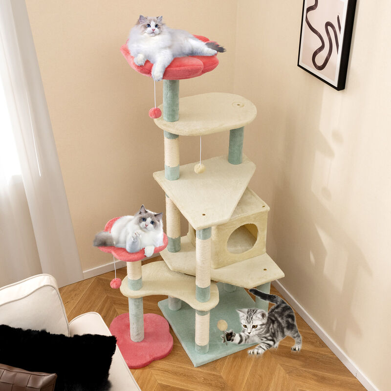 Floral-Themed Tall Kitten Tower with Cozy Flower-Shaped Plush Perch