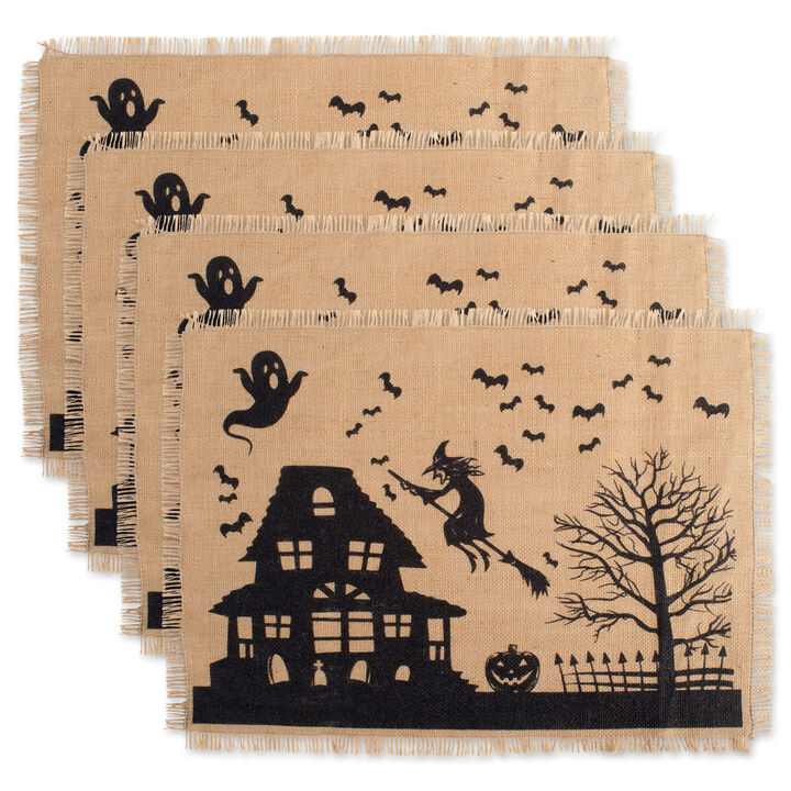 Set of 4 Brown and Black Haunted House Print Burlap Rectangular Placemats 19" x 13"