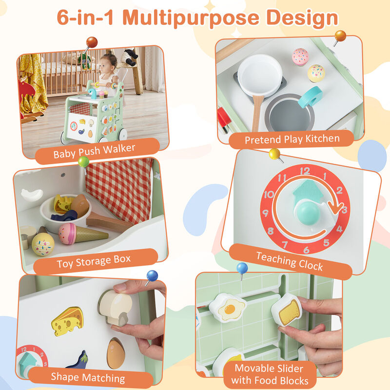 6-in-1 Wooden Baby Stroller with Play Kitchen for Kids Over 12 Months