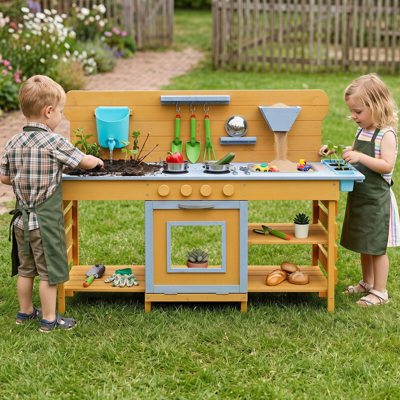 Outdoor Kids Mud Kitchen with Dual Sinks and 4 Stove Burners image number 1
