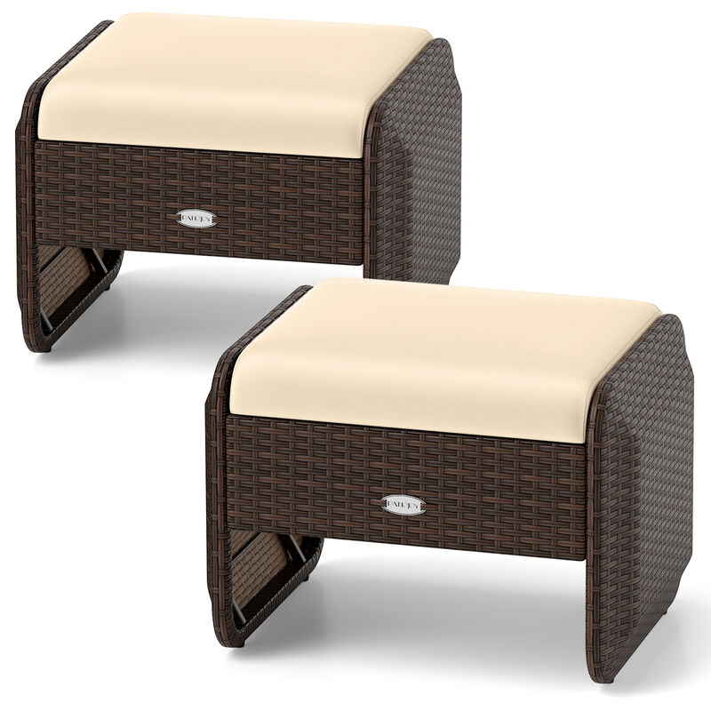 Wicker Ottoman Set of 2 for Outdoor Use with Removable Cushions