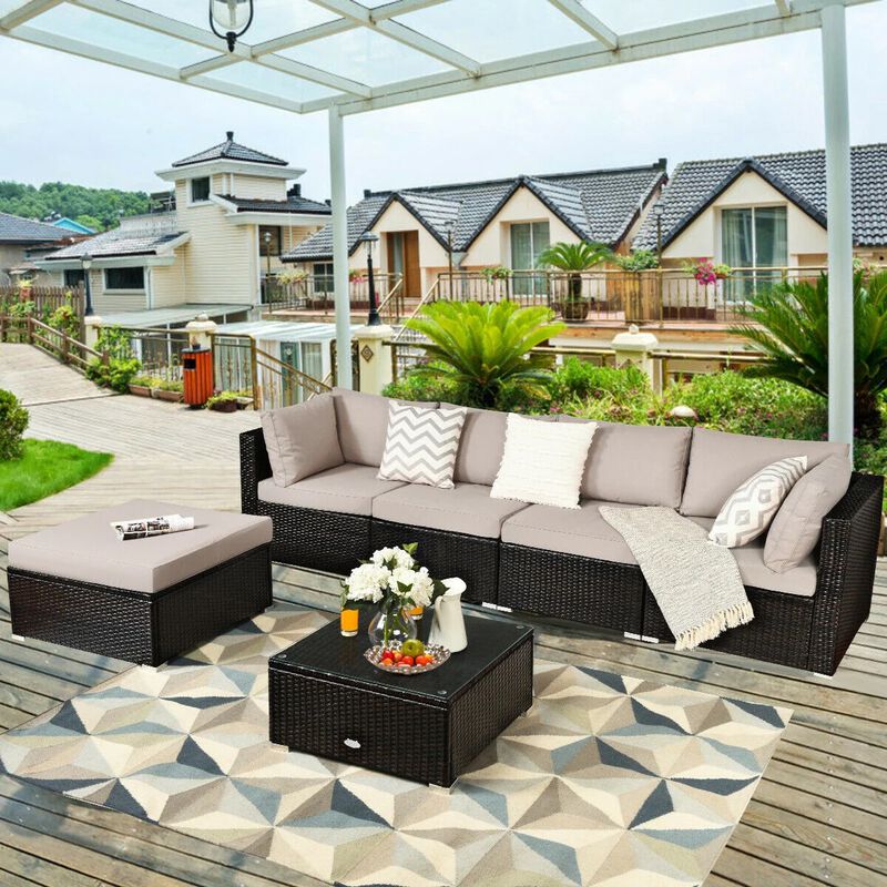 Mondawe 6 Pieces Outdoor Patio Rattan Sectional Sofa Set with Coffee Table