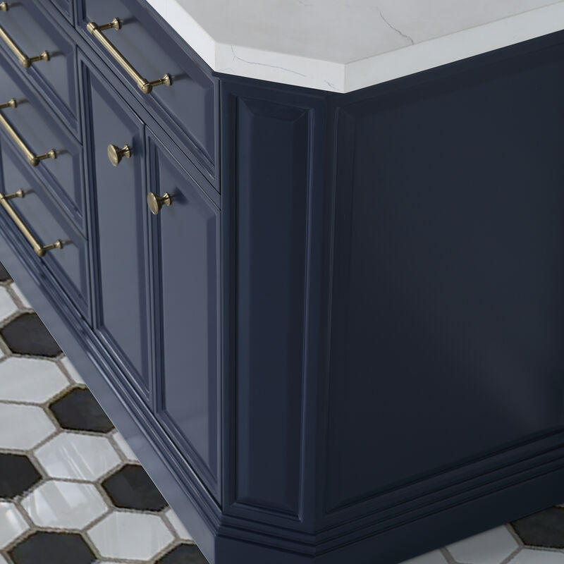Palace 60 In. Double Sink Carrara Quartz Countertop Bath Vanity in Monarch Blue with Satin Gold Hardware