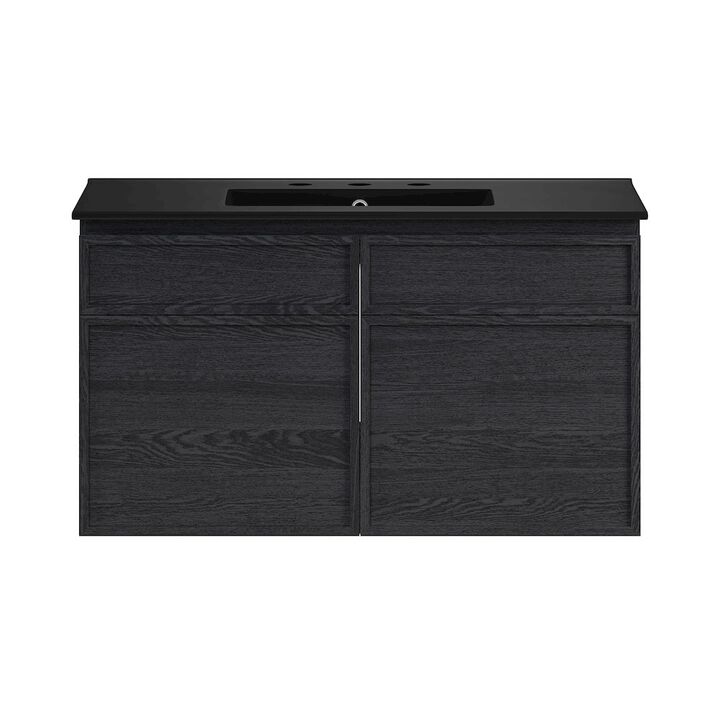 36" Wall-Mounted Bathroom Vanity in Black Oak, Black 3-Hole Widespread Sink Top