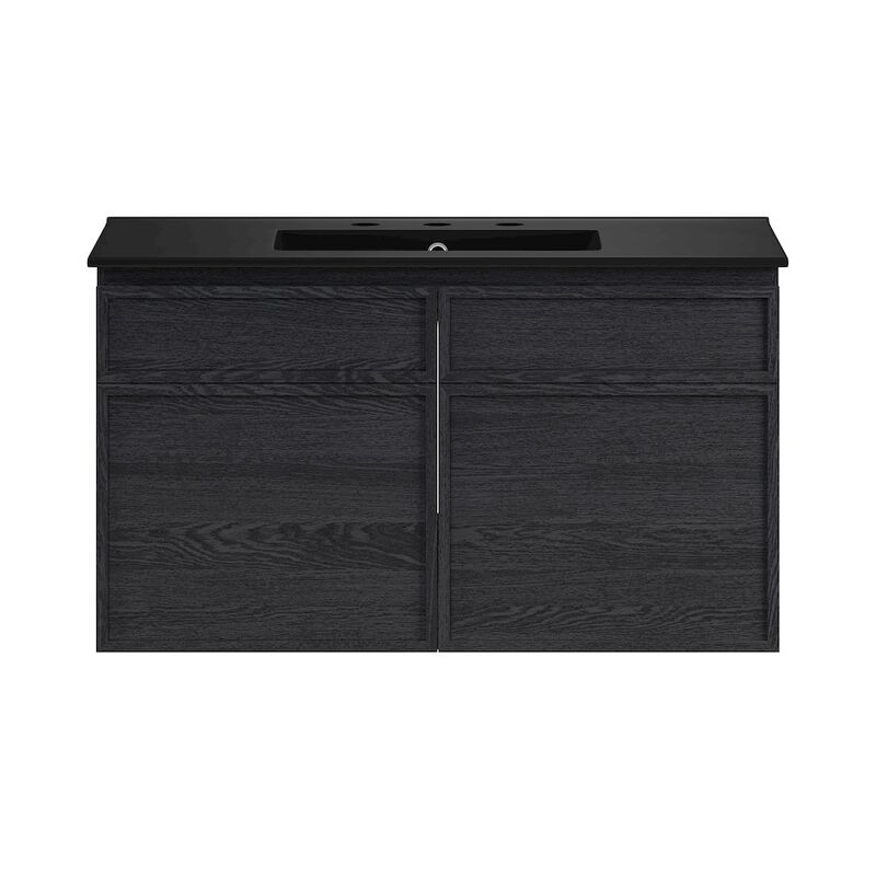 36" Wall-Mounted Bathroom Vanity in Black Oak, Black 3-Hole Widespread Sink Top image number 0