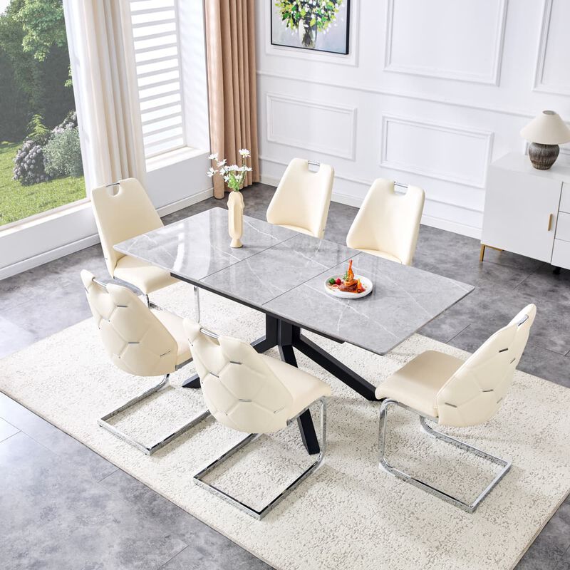 Rectangular Extendable Dining Table Laminated MDF top with geometric metal legs Modern dining table with automatic pop up leaf image number 3