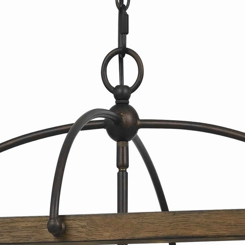 6 Bulb Square Chandelier with Wooden Frame and Organza Striped Shade, Brown - Benzara image number 5