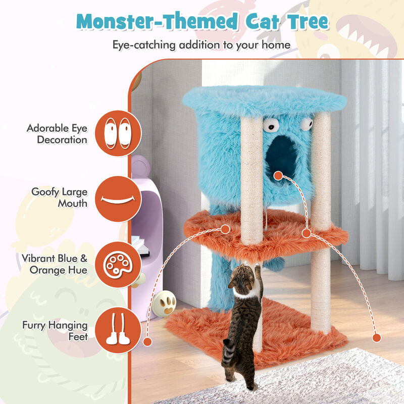Cute Monster-Themed Cat Tower with Private Condo, Soft Long Plush & Scratching Posts
