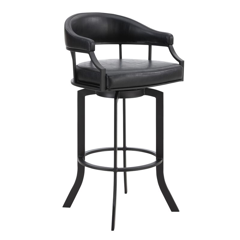 Nuf 30 Inch Swivel Barstool Armchair, Curved Round Back, Black Faux Leather-Benzara image number 1