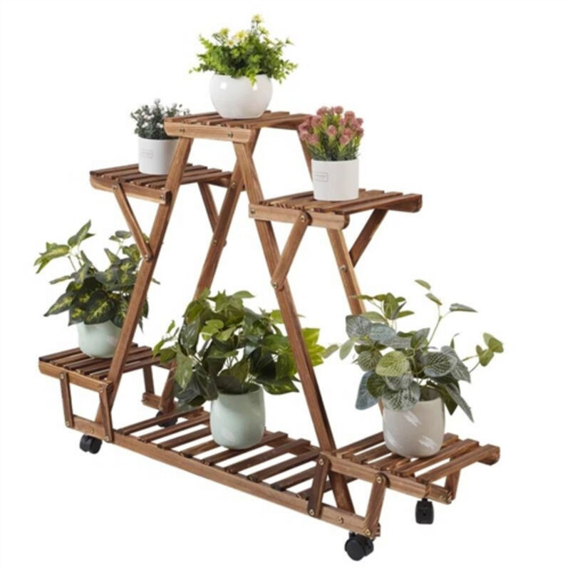 Indoor/Outdoor Solid Wood Triangular Plant Stand &ndash; Multi-Tier with Locking Wheels