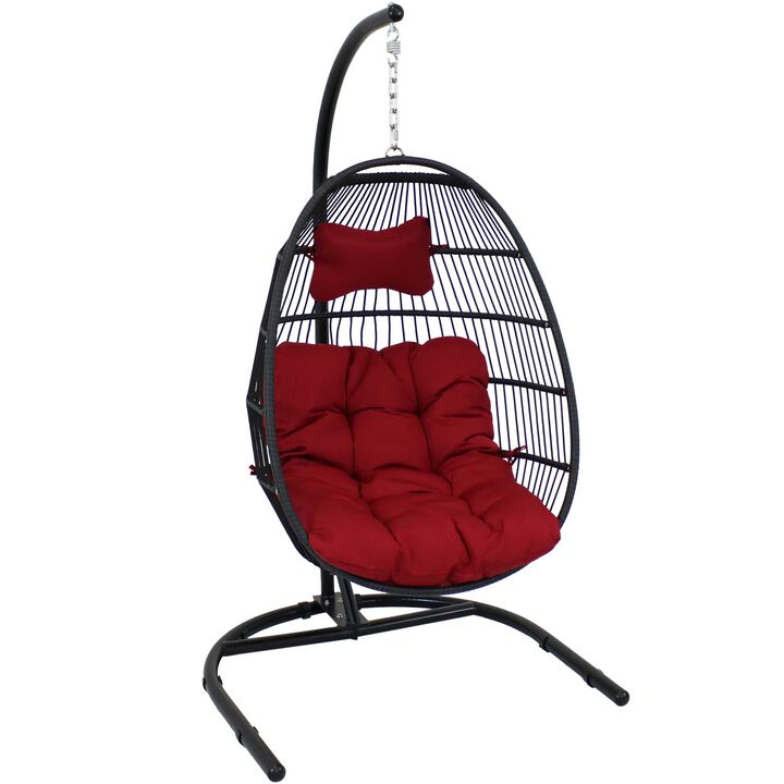 Sunnydaze Resin Wicker Hanging Egg Chair with Steel Stand/Cushions