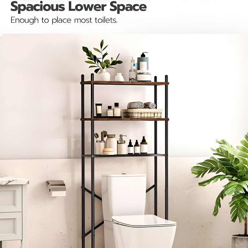 Bathroom 3-Tier Toilet Storage Shelf with Adjustable Feet-Brown image number 7