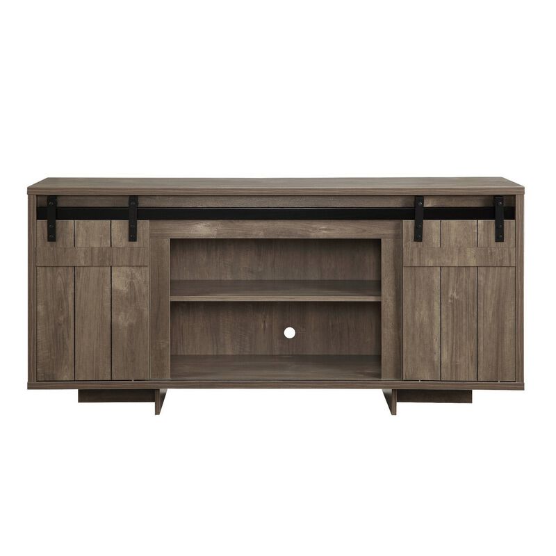 TV Stand with 4 Compartments and 2 Barn Sliding Door, Gray-Benzara image number 2