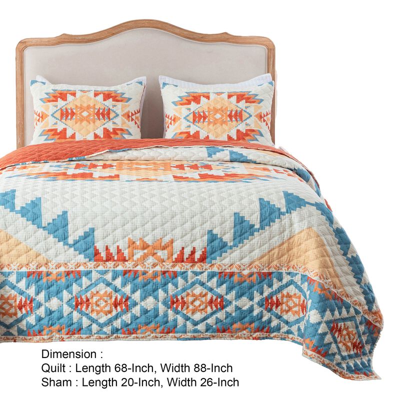 2pc Twin Quilt and Pillow Sham Set, Geometric Motifs, Multicolor Microfiber - Benzara