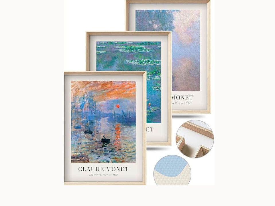 Set of 3 Monet Water Lilies Canvas Prints – Framed Botanical Wall Art, 16×12" for Bedroom & Living Room