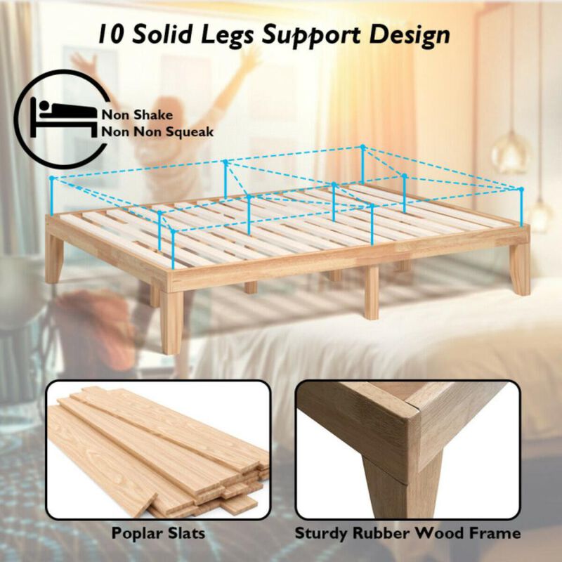Hivvago 14 Inch Queen Size Rubber Wood Platform Bed Frame with Wood Slat Support.