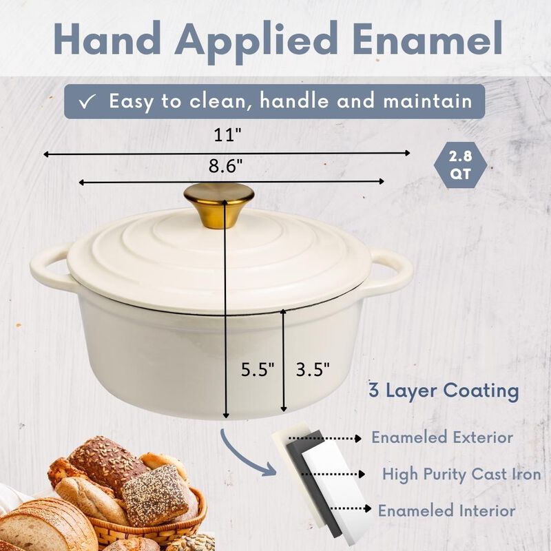 2.8 Quart Enameled Cast Iron Round Dutch Oven in Cream