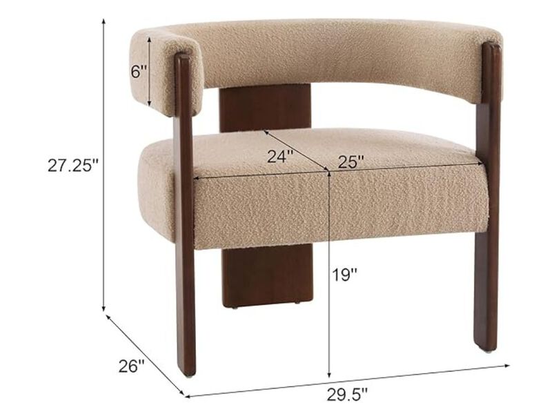 Accent Chair &ndash; Dark Beige Boucle Barrel Armchair with Cushion & Wooden Frame, Nettie image number 1