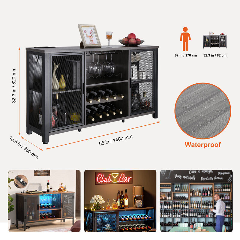 Industrial Bar Cabinet with Wine Rack and Storage for Liquor, Glasses, and More