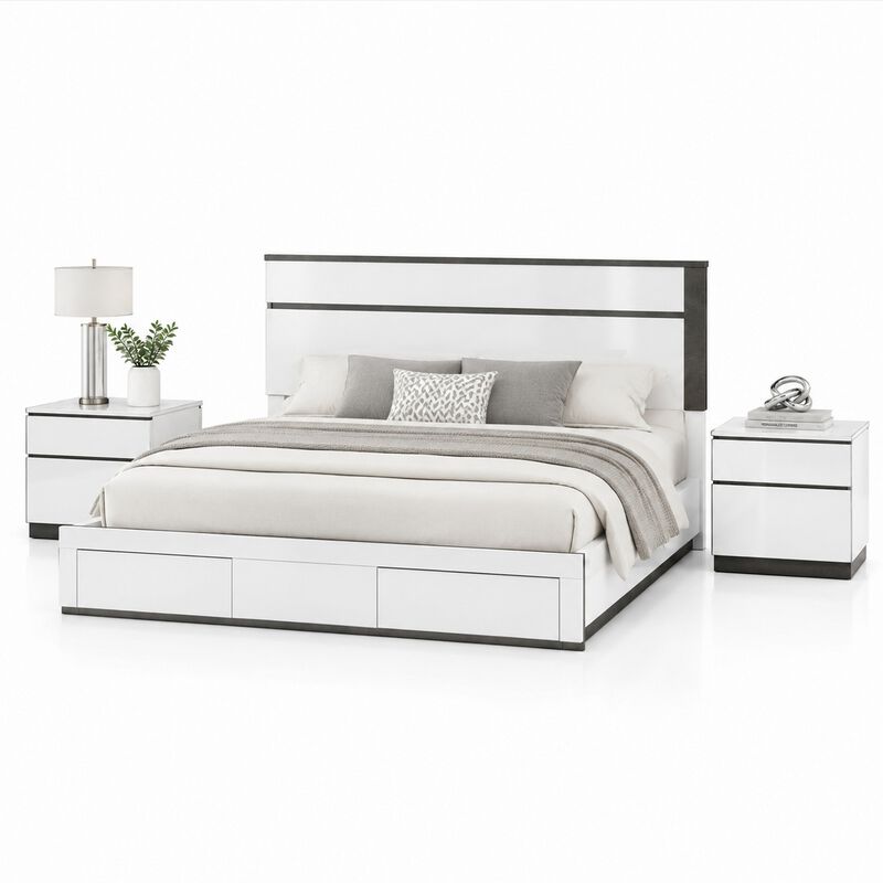 Queen Bedroom Set, White, Metallic Gray Wood, 3 Piece Set with 2 Nightstands image number 0