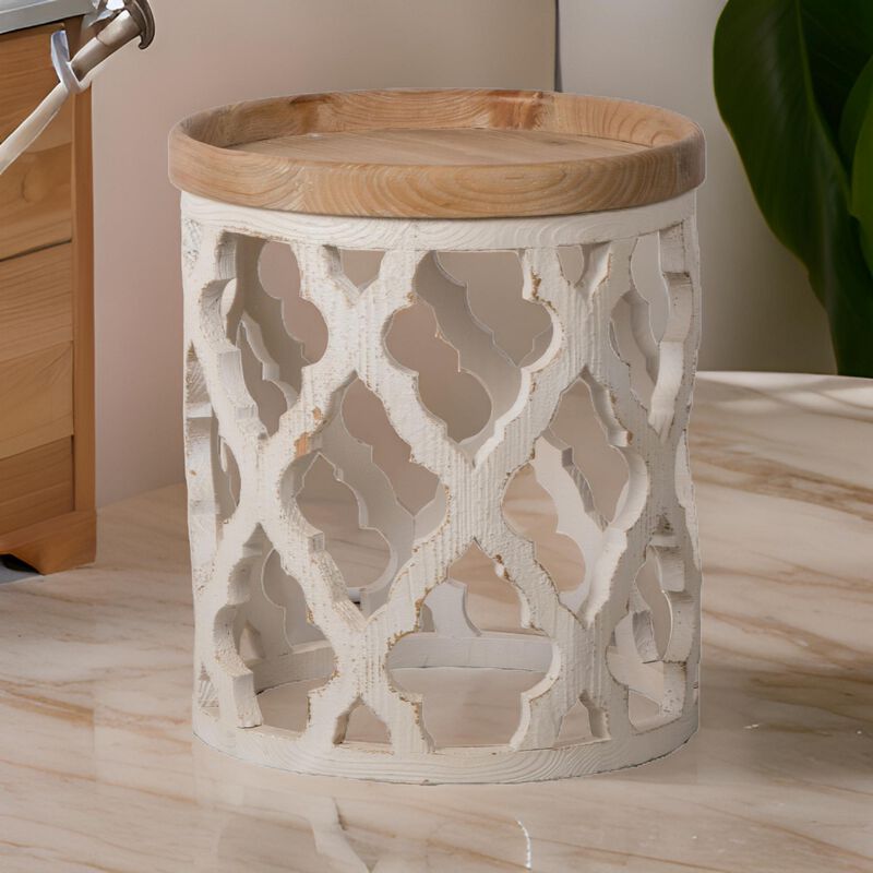 23 Inch Side Table, Vintage Wood Cutout Design, Round Top, Brown, Cream