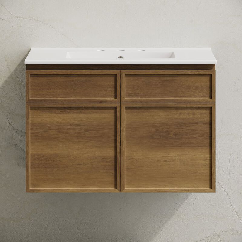 30" Wall-Mounted Bathroom Vanity in Brown Oak with 3-Hole Widespread Sink Top image number 4