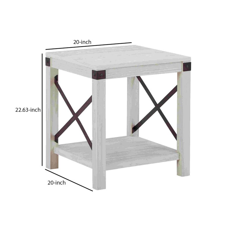 End Table with X Metal Accent and Grain Details, White-Benzara