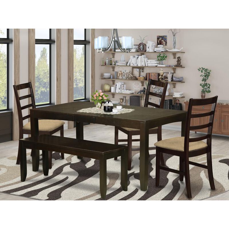 6 PC Dining Table with bench-Table with Leaf and 4 Dining Chairs plus Bench