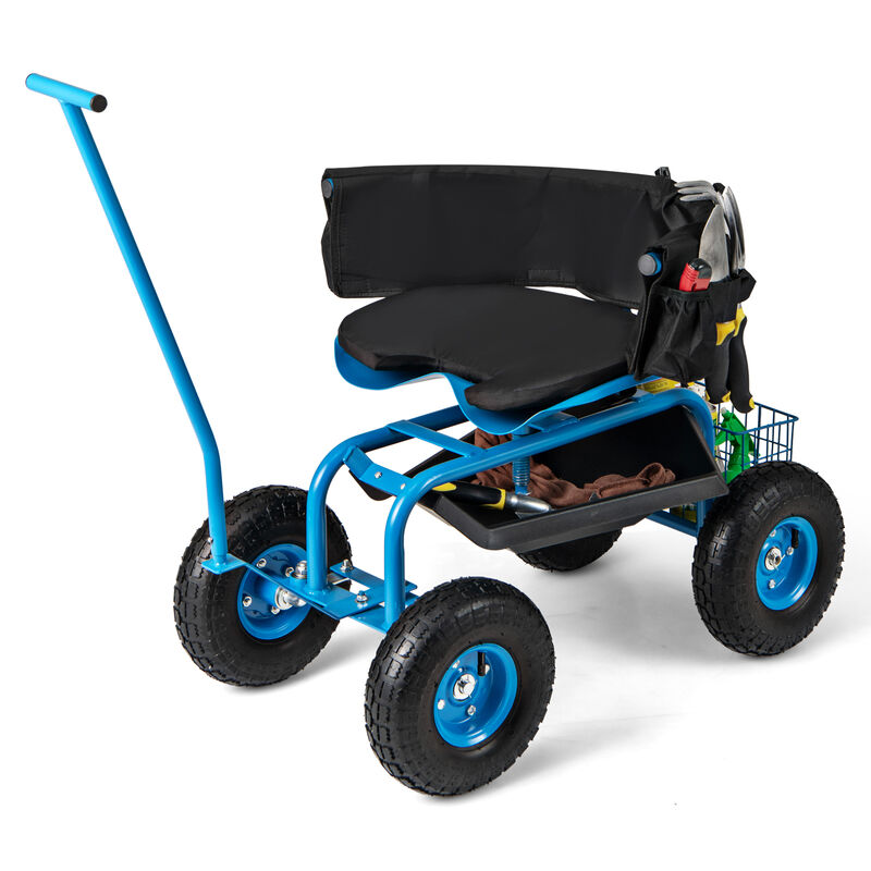 Portable Garden Seat Cart with Wheels, Swivel Function, and Tool Storage
