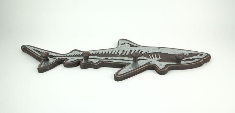 33-Inch Rustic Wood Shark Wall Hook Rack with Galvanized Metal Accents - Coastal-Themed Decorative Art Hanging for Keys, Bags, Coats, and Towels - Beach House Decor image number 1