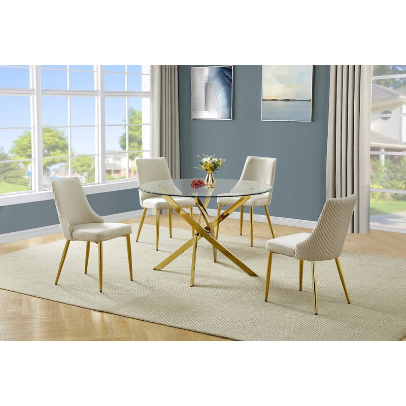 Best Quality Furniture 5Pc Round Tempered Glass Dining Table With 4 Cream Side Chairs