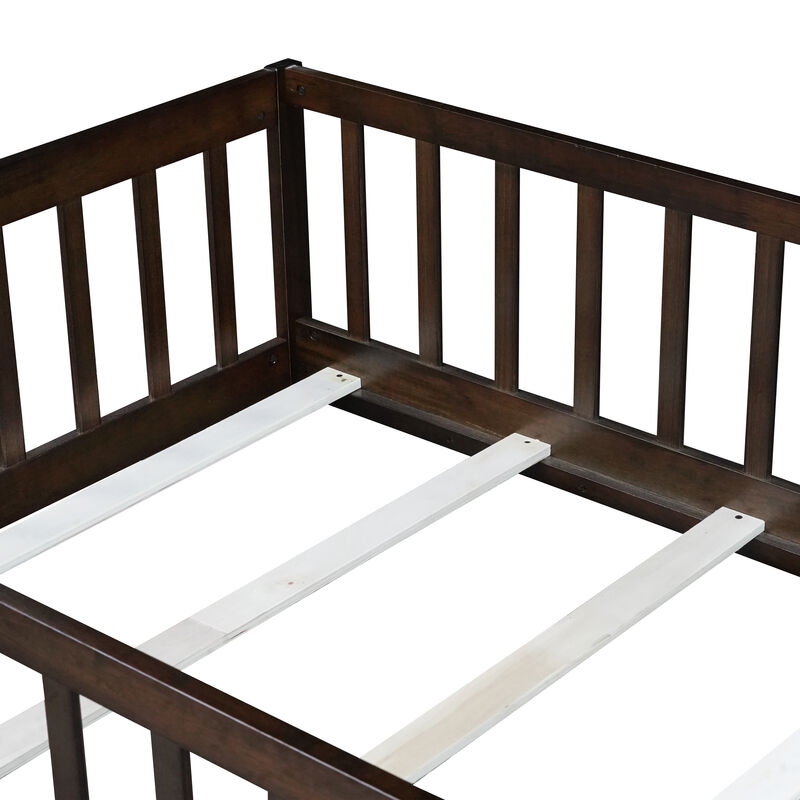 Whisen Twin Size Rubber Wood Floor Bed with Safety Guardrails & Door, Kids Bed image number 8