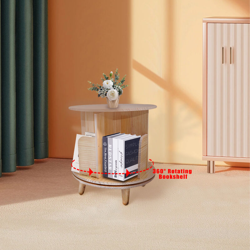 Pine Wood 1-Layer Rotating Bookcase, 360° Bookshelf Display Stand for Home and Office Use