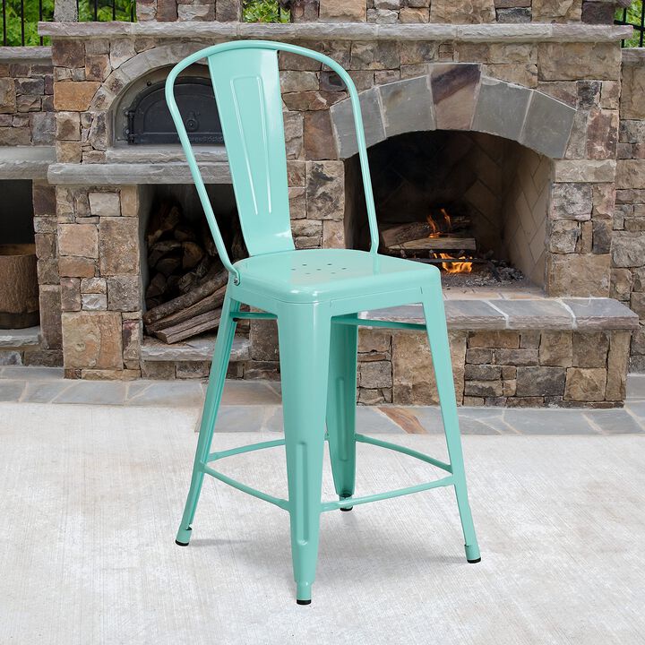 Flash Furniture Carly Commercial Grade 24" High Mint Green Metal Indoor-Outdoor Counter Height Stool with Back
