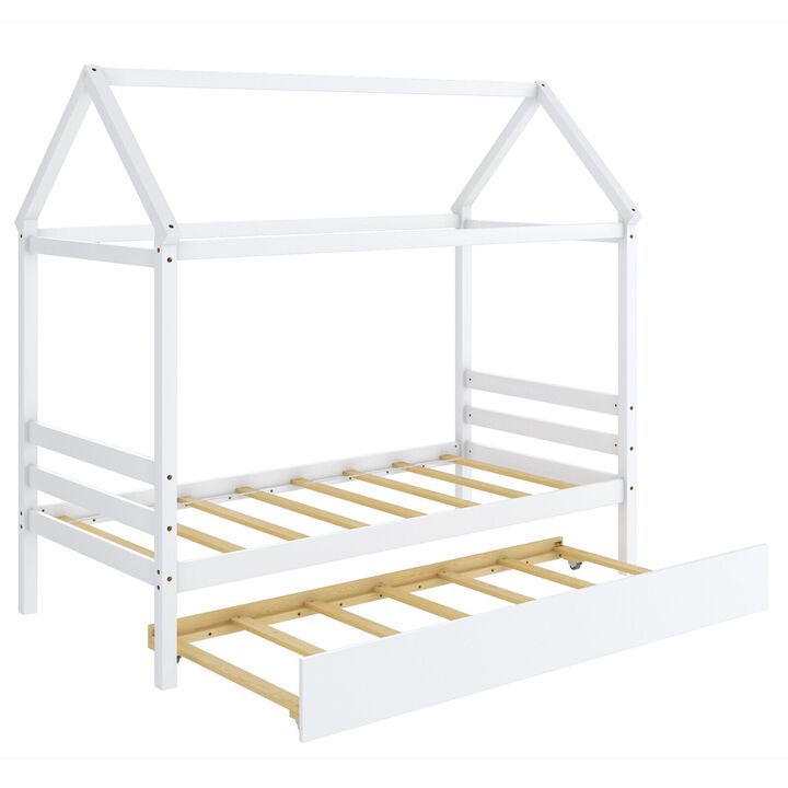 Kids Bedroom Wooden Bed Frame with Roof &ndash; Platform Bed for Boys & Girls