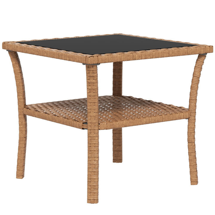 Outsunny Rattan Side Table, Outdoor End Table with Storage Shelf, Aluminum Frame Square, Coffee Table with Tempered Glass Top, Sand