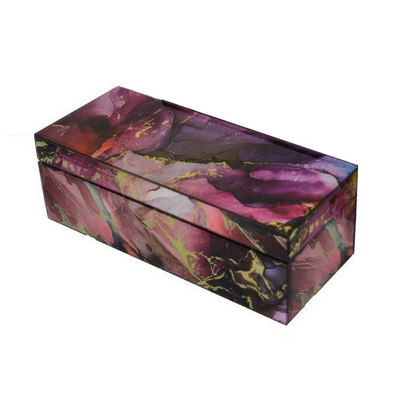 Dory Decorative Box Set of 2, Pink Gold Faux Agate Stone Accent Glass - Benzara