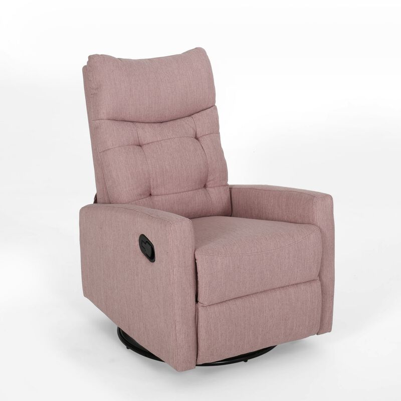 Push Back Glider Recliner Chair with Swivel, Blush Pink Tufted Fabric - Benzara