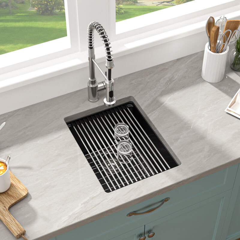 15 in. Undermount Single Bowl Workstation Black Quartz Composite Kitchen Sink Round Corner with Bottom Grid. image number 2