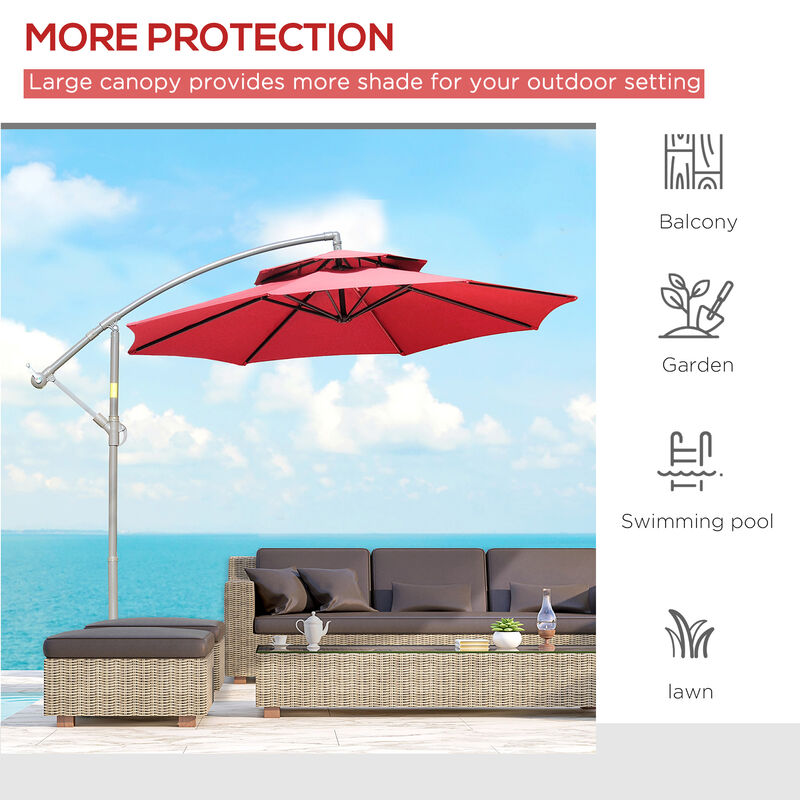 9' Outdoor Cantilever Umbrella Parasol w/ 2-Tier Canopy & Crank Handle, Red