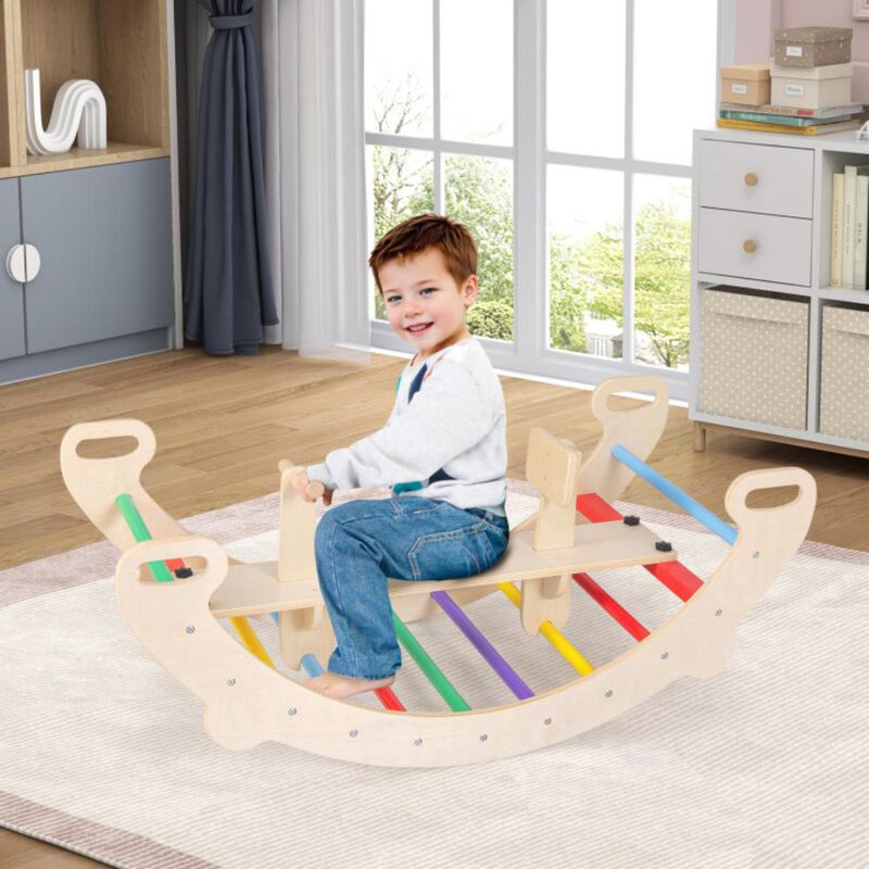Hivvago 4-in-1 Multifunctional Wooden Climbing Toys with Rocker and Crawling Tunnel