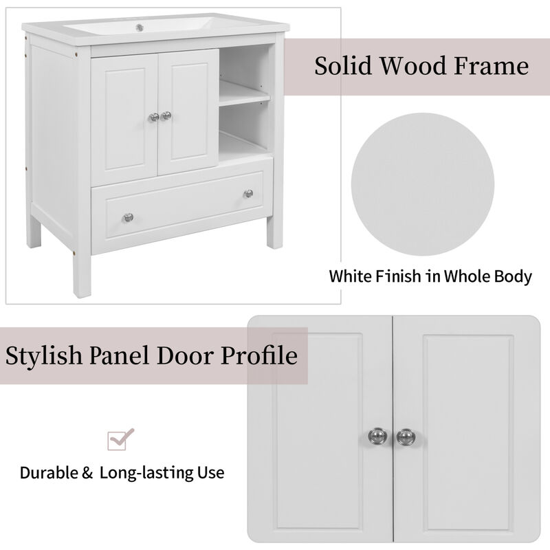 30" Bathroom Vanity Base Only, Solid Wood Frame, Bathroom Storage Cabinet with Doors and Drawers, White