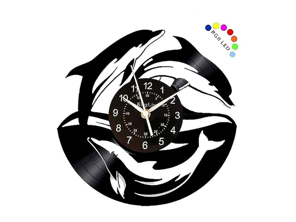 Black Record LED Dolphin Vinyl Wall Clock 12 Inch Modern Bedroom Decor